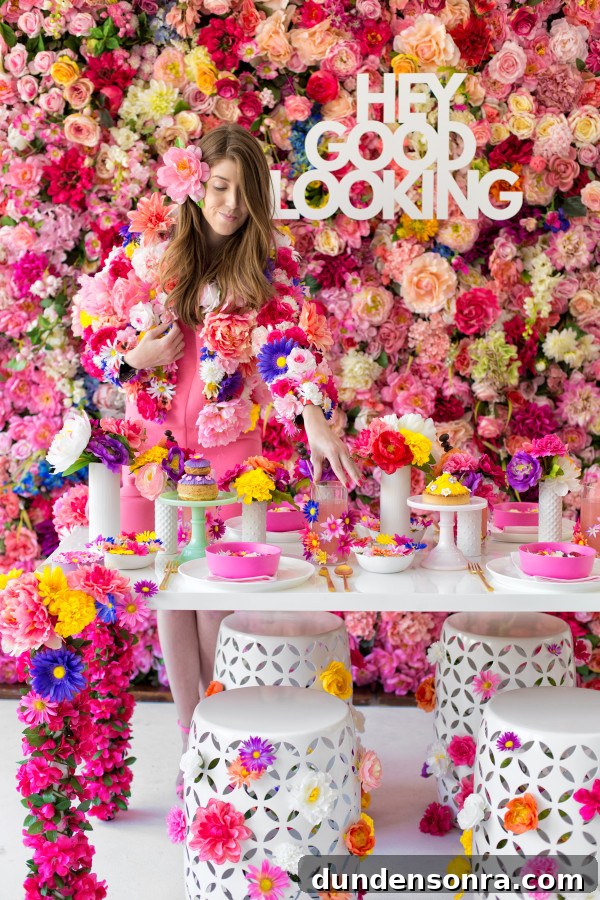 Mother's Day Floral Brunch Ideas to Celebrate Mom 10 A table in front of a wall of flowers