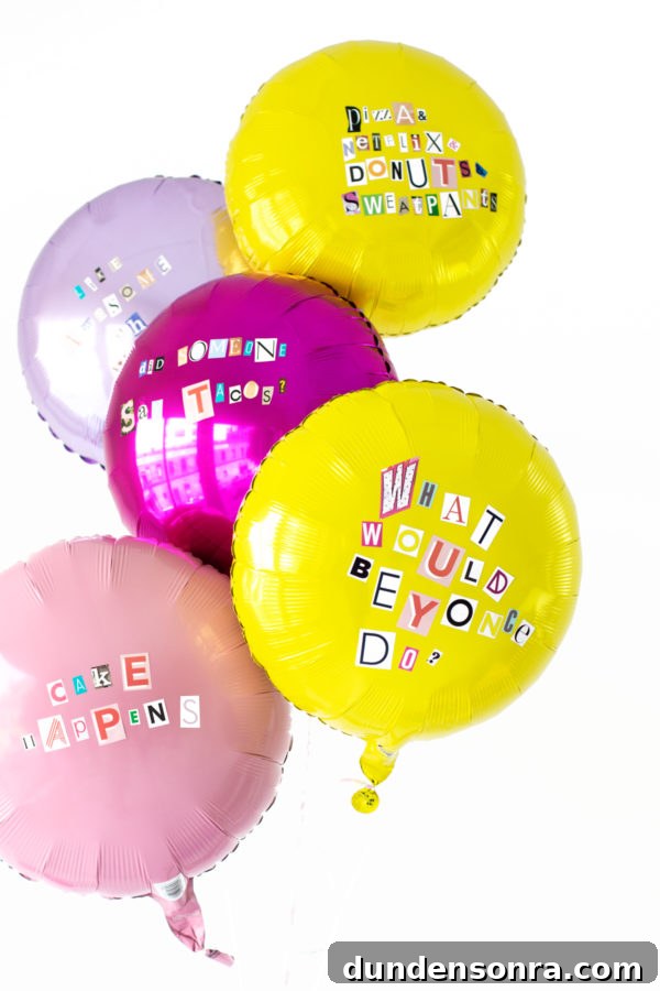 Colorful balloons with words on them