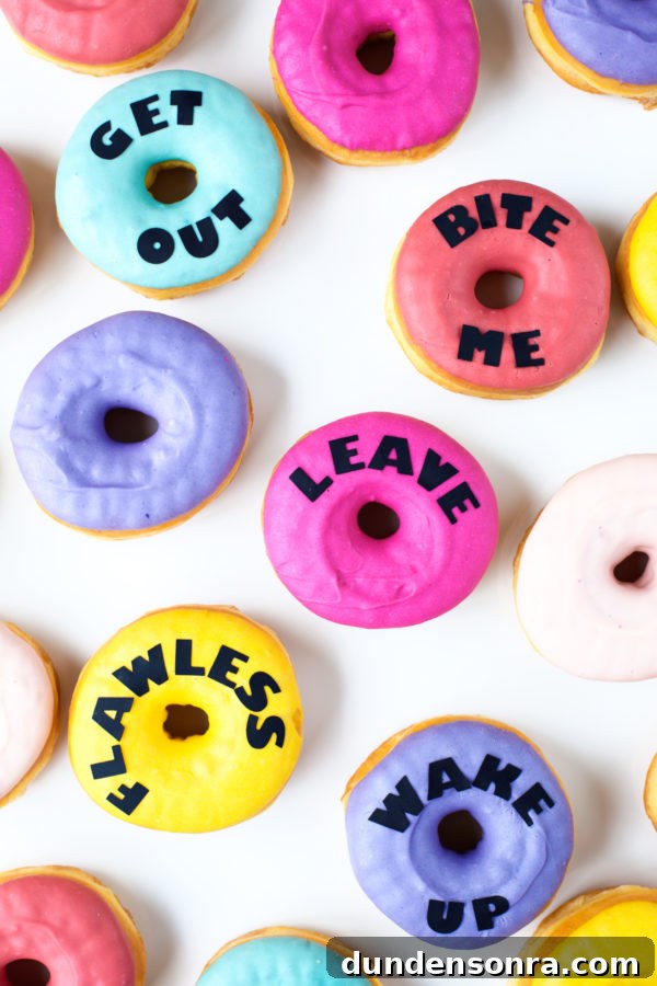 Colorful donuts that have words on them