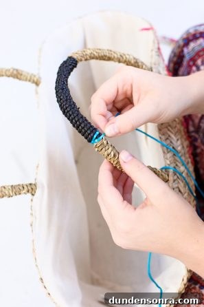 Someone gluing string to a bag