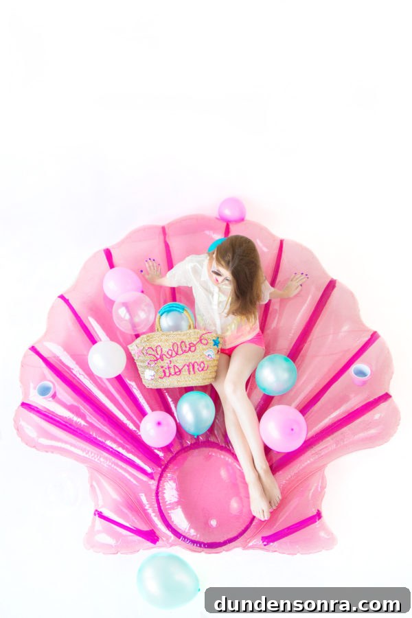 Make a Sparkling Sequin Beach Bag: DIY Step-by-Step Tutorial 15 A woman sitting on a shell floatie