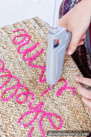 Make a Sparkling Sequin Beach Bag: DIY Step-by-Step Tutorial 7 Someone gluing string to a basket