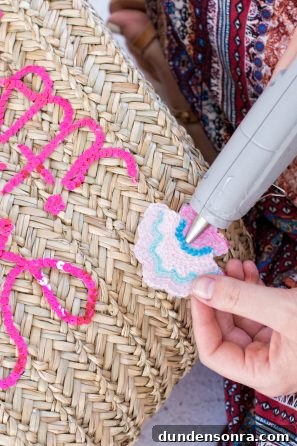 Make a Sparkling Sequin Beach Bag: DIY Step-by-Step Tutorial 9 Someone gluing something to a basket