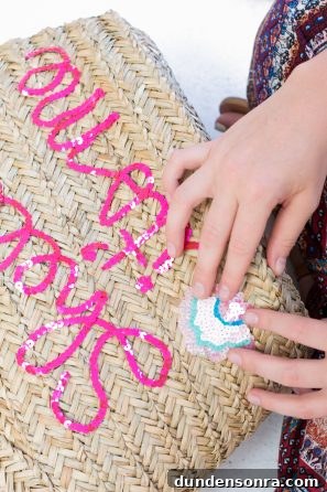 Make a Sparkling Sequin Beach Bag: DIY Step-by-Step Tutorial 10 Someone gluing something to a basket
