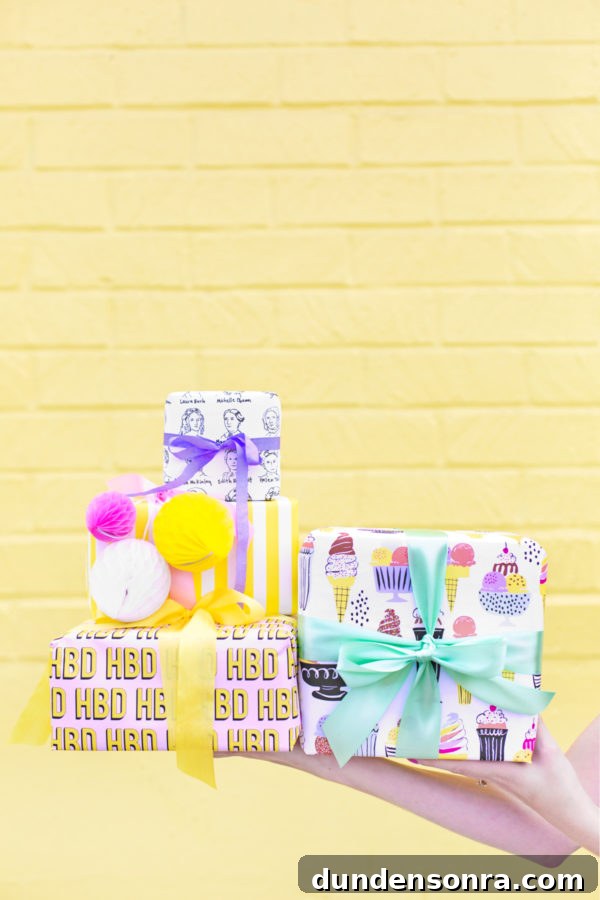 Colorful presents in front of a yellow wall