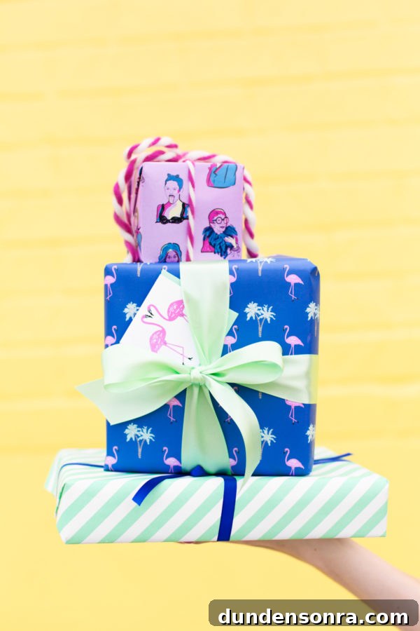 Colorful presents in front of a yellow wall