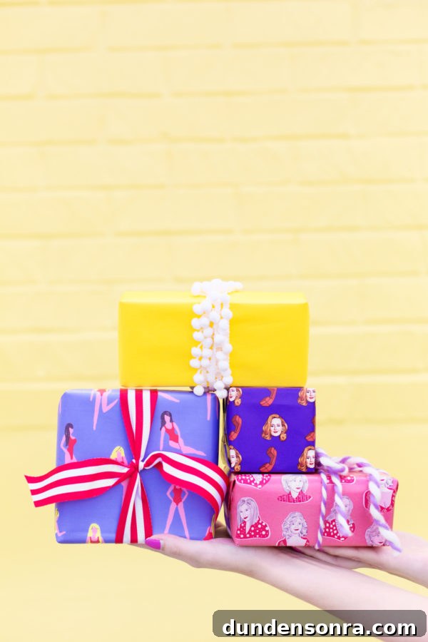 Colorful gifts in front of a yellow wall