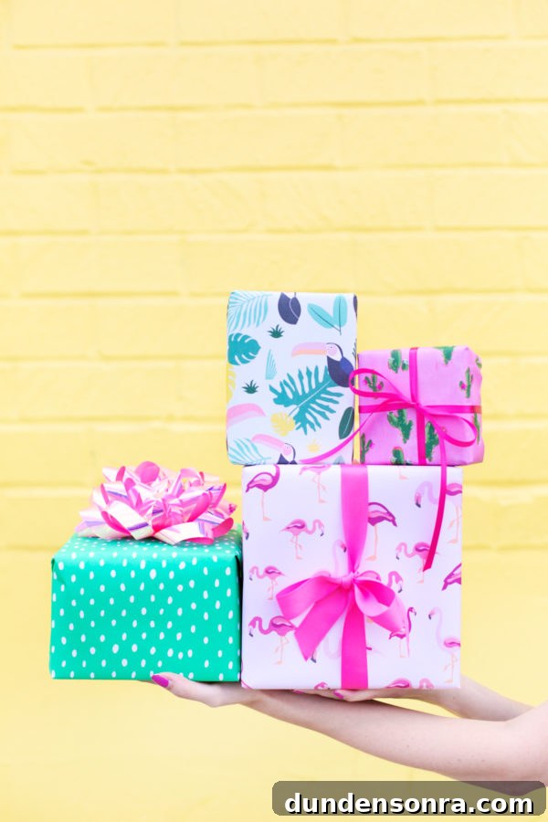 Colorful presents in front of a yellow wall