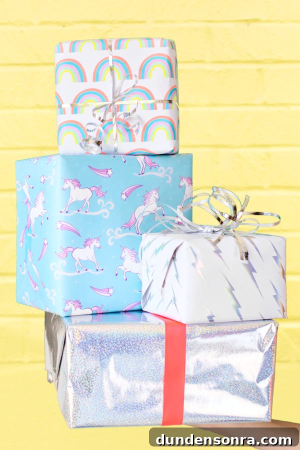 Colorful presents in front of a yellow wall