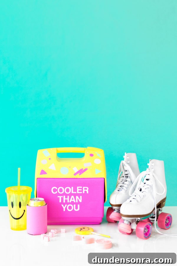 A pink and yellow cooler that says 