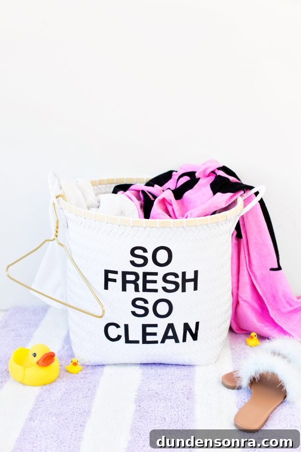 DIY Painted Graphic Laundry Baskets: Step-by-Step Guide for Stylish Storage 3 Laundry basket that says "so fresh so clean"