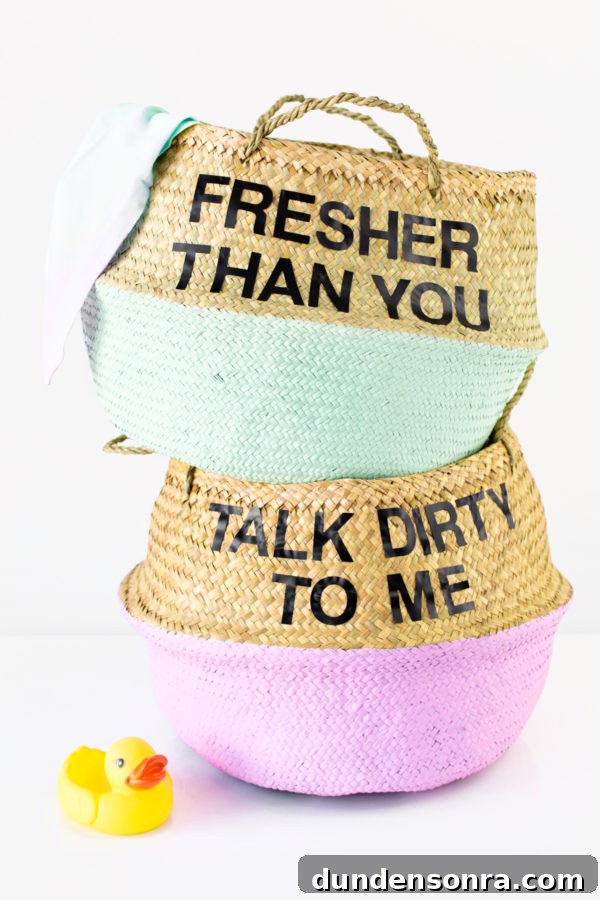 DIY Painted Graphic Laundry Baskets: Step-by-Step Guide for Stylish Storage 8 Laundry baskets with words on it