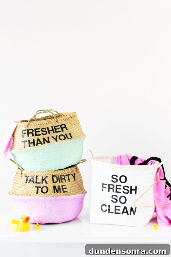 DIY Painted Graphic Laundry Baskets: Step-by-Step Guide for Stylish Storage 9 Laundry baskets with words on them