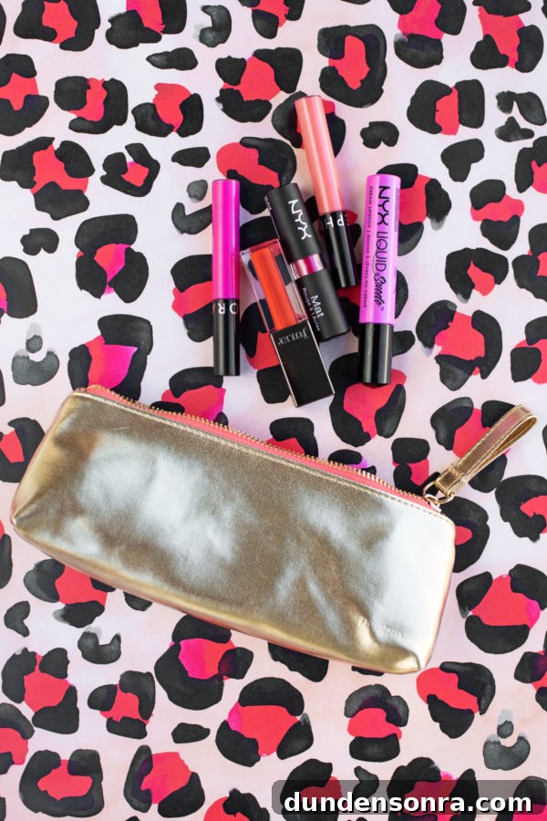 My Five Favorite Lip Colors I Reach for Every Day 8 A gold bag with lip sticks in it