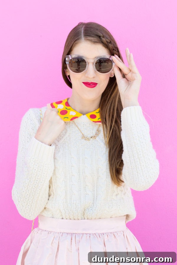 How to Make a Pizza Collarette at Home: Step-by-Step Guide 13 A woman wearing a pizza collar and sunglasses