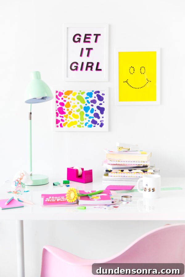 A desk with colorful supplies on it and art on the walls