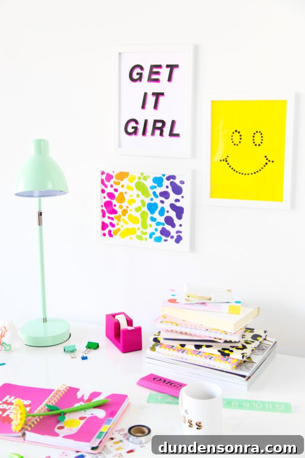 A desk with supplies on it and art on the walls
