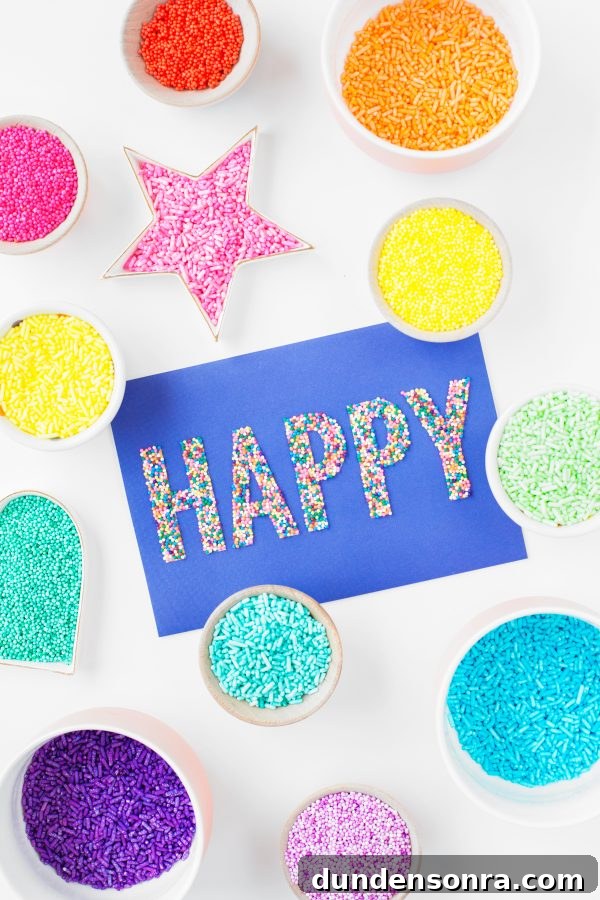 Containers with sprinkles and a paper that says "happy"