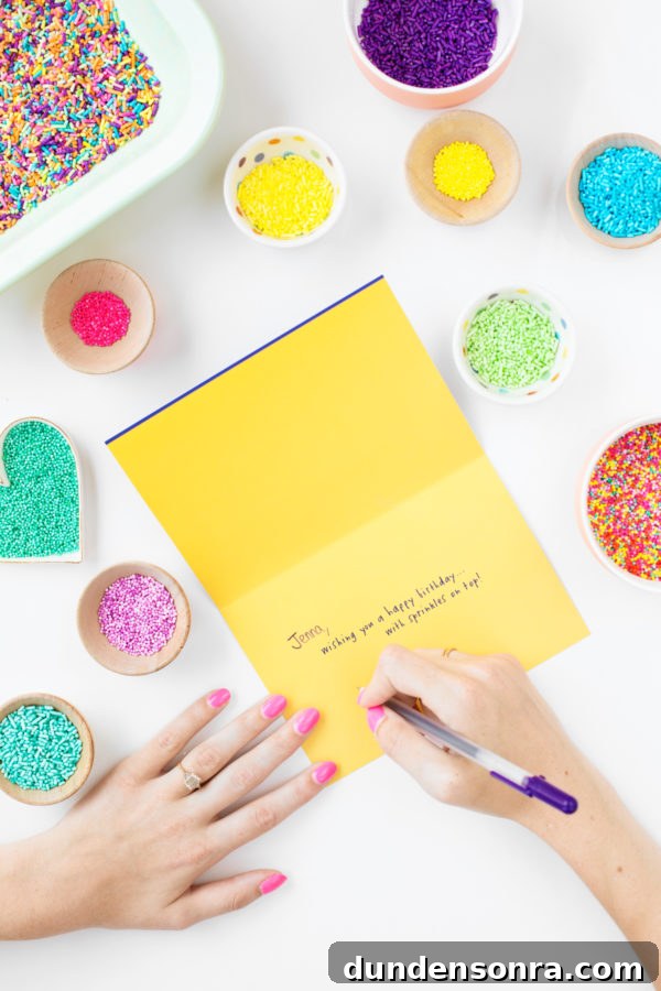 Yellow card and sprinkle containers