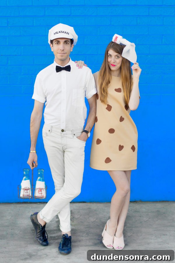 Cookies and Milk Couples Costume Ideas for DIY Halloween 12 A woman dressed as a cookie and a man dressed as a milk man