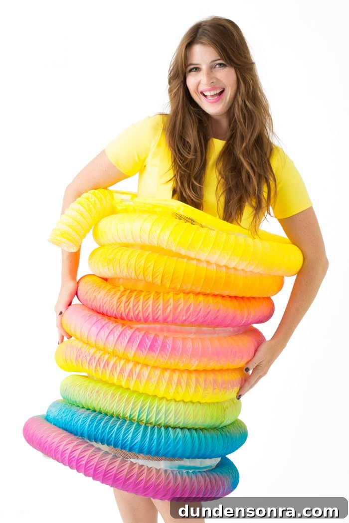 A woman dressed in a rainbow toy costume