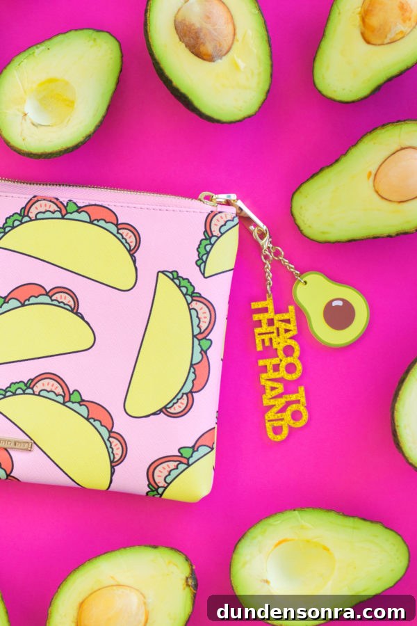 Taco clutch next to avocados 