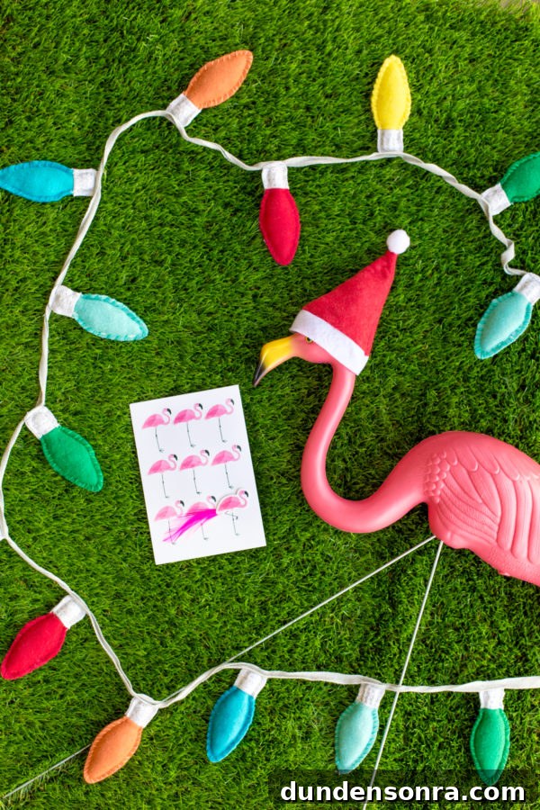 DIY Flamingo Lawn Sleigh: Festive Yard Decor Tutorial 4 A flamingo and fake lights on turf