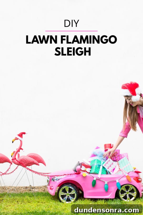DIY Flamingo Lawn Sleigh: Festive Yard Decor Tutorial 8 A woman and fake flamingos