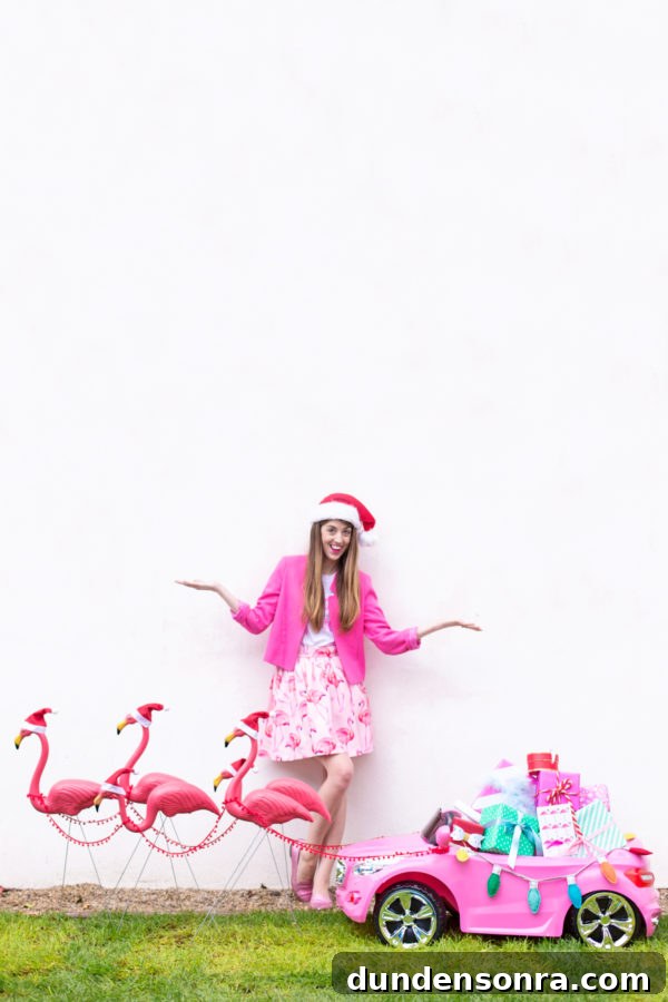 DIY Flamingo Lawn Sleigh: Festive Yard Decor Tutorial 9 A woman and fake flamingos