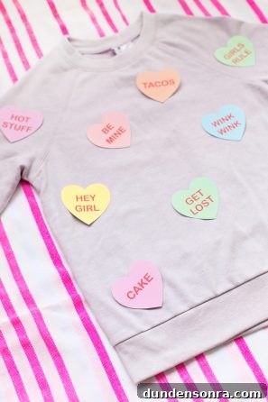 Conversation Heart Pattern Sweatshirt with Stylish Elbow Patches 7 Heart stickers
