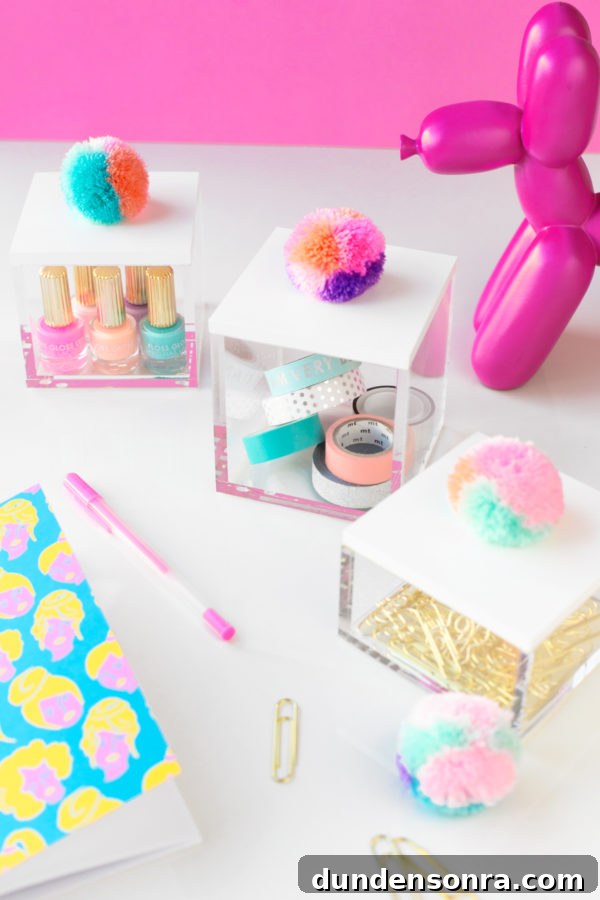 DIY Pom-Pom Storage Boxes: Stylish Craft Organization Ideas 3 Plastic boxes with supplies in them