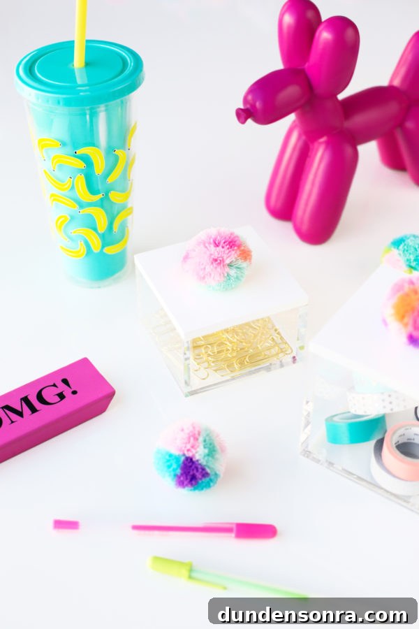 DIY Pom-Pom Storage Boxes: Stylish Craft Organization Ideas 9 Colorful accessories on a desk