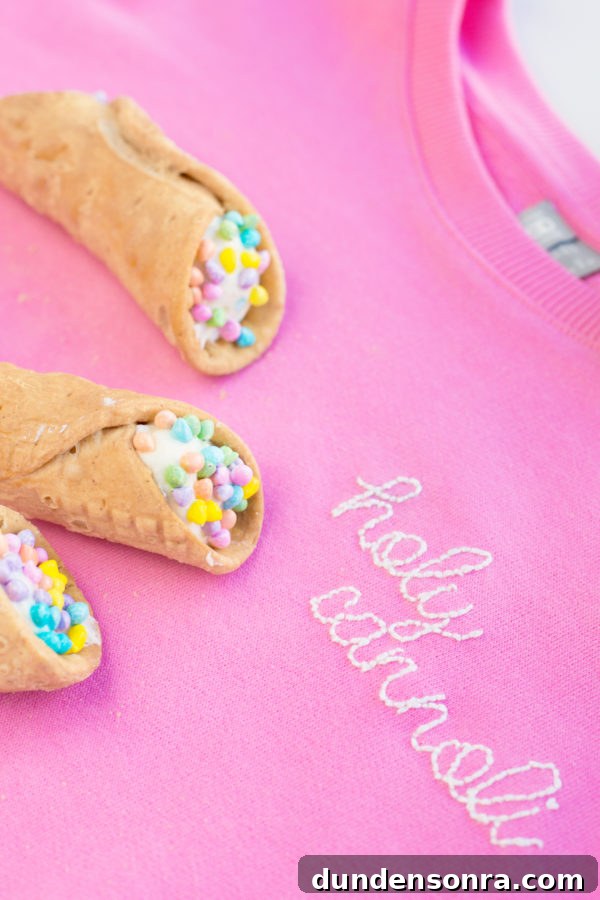 DIY Embroidered Sweatshirt: Simple Embroidery Hack for Perfect Stitches 14 White embroidery on a pink crew neck and cannolis