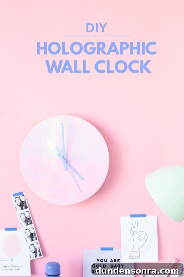 A holographic clock on a pink wall