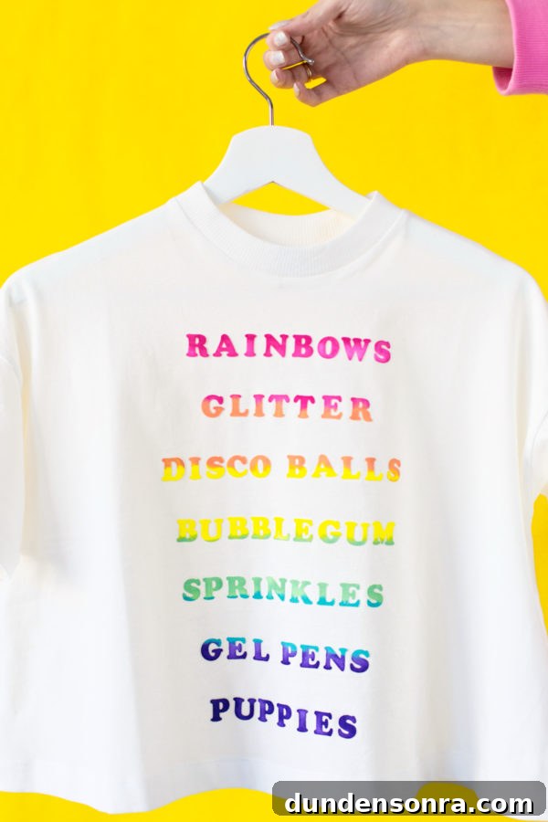 Rainbow words on a white shirt