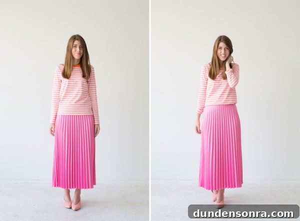 A girl in a pink shirt and pink skirt