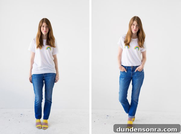 A woman wearing a white shirt and jeans