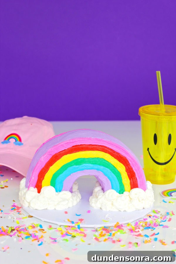 A rainbow cake and yellow cup