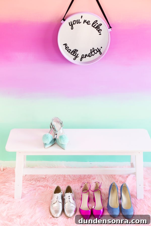 Ombre wall and white bench