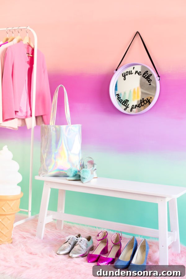 How to Create a Stunning Ombre Accent Wall with Paint Tips 4 An ombre wall with a white bench in front of it