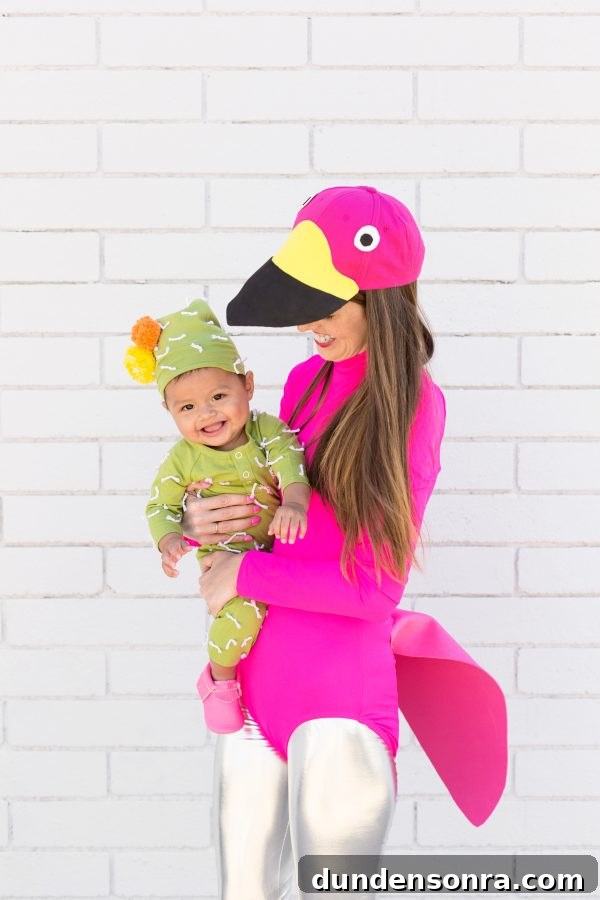 DIY Flamingo Lawn Costume and Cute Cactus Baby Outfit 2 A woman dressed as a flamingo and a little boy dressed as a cactus