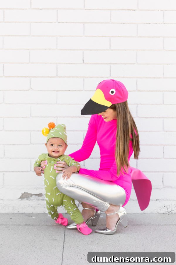 DIY Flamingo Lawn Costume and Cute Cactus Baby Outfit 7 A woman dressed as a flamingo and a little boy dressed as a cactus