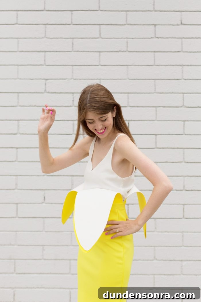 How to Make a DIY Banana Costume: Simple Steps for Any Occasion 5 A woman standing next to a brick wall, with Banana Costume
