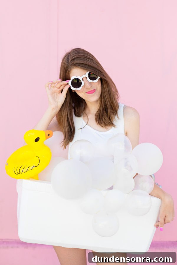 A woman dressed as a bathtub