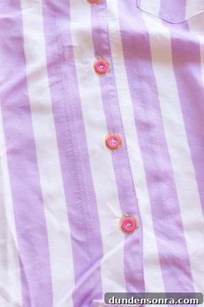 DIY Donut Button Pajamas and Our New Weekend Morning Routine 11 A close up of a purple and white striped shirt with donut buttons