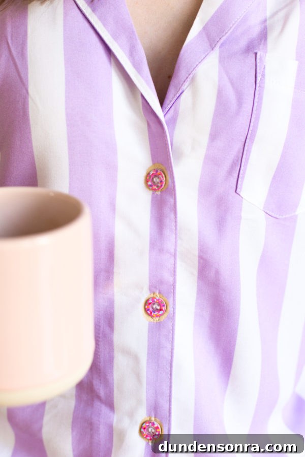 DIY Donut Button Pajamas and Our New Weekend Morning Routine 3 A purple and white button up shirt