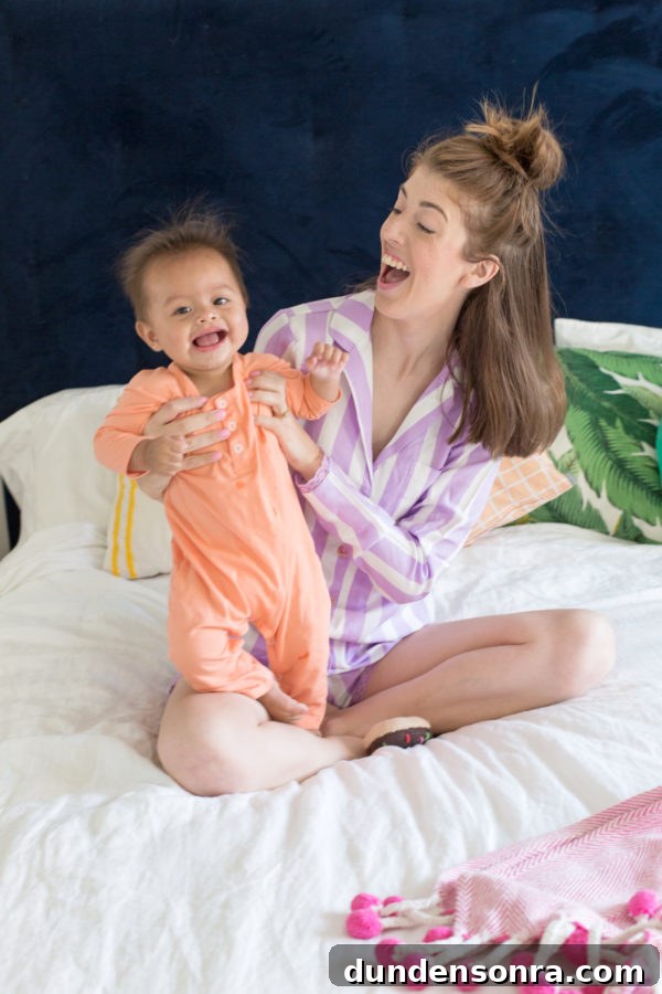 DIY Donut Button Pajamas and Our New Weekend Morning Routine 5 A woman and little boy sitting on a bed
