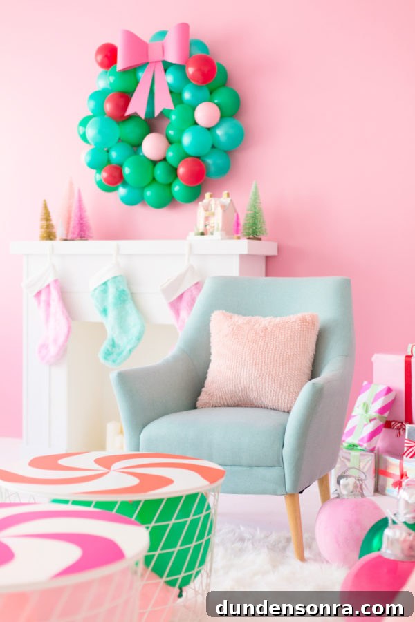 A colorful living room with Christmas decor