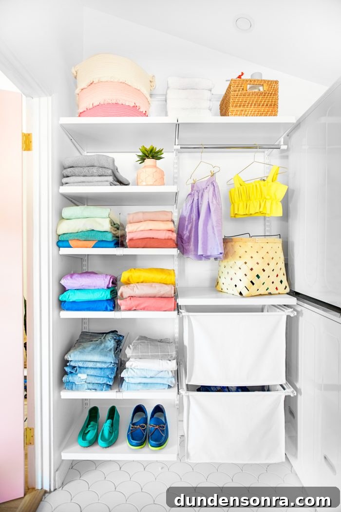Closet Laundry Room Reveal and Clever Space-Saving Ideas 19 Shelves with clothes and towels