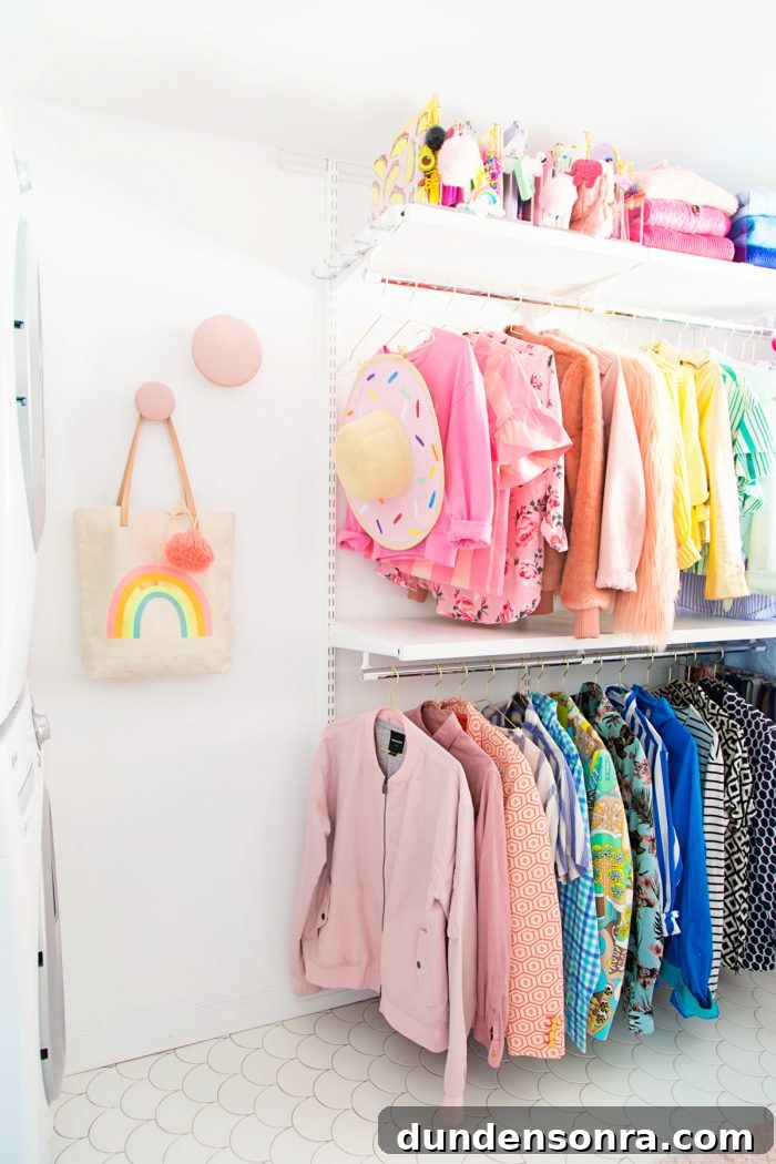 Closet Laundry Room Reveal and Clever Space-Saving Ideas 20 Colorful clothes hanging
